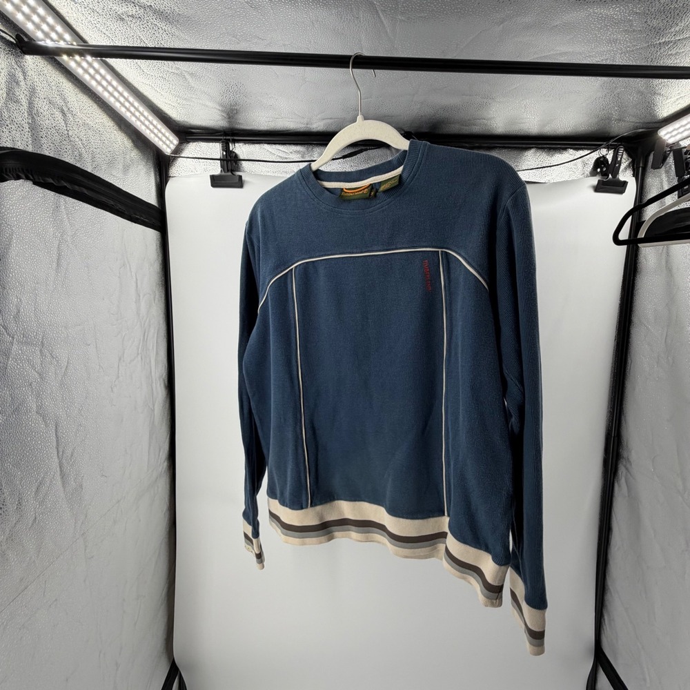 Timberland Mens Ribbed Cotton Pullover Blue Gorpcore Striped Trim Sweatshirt M